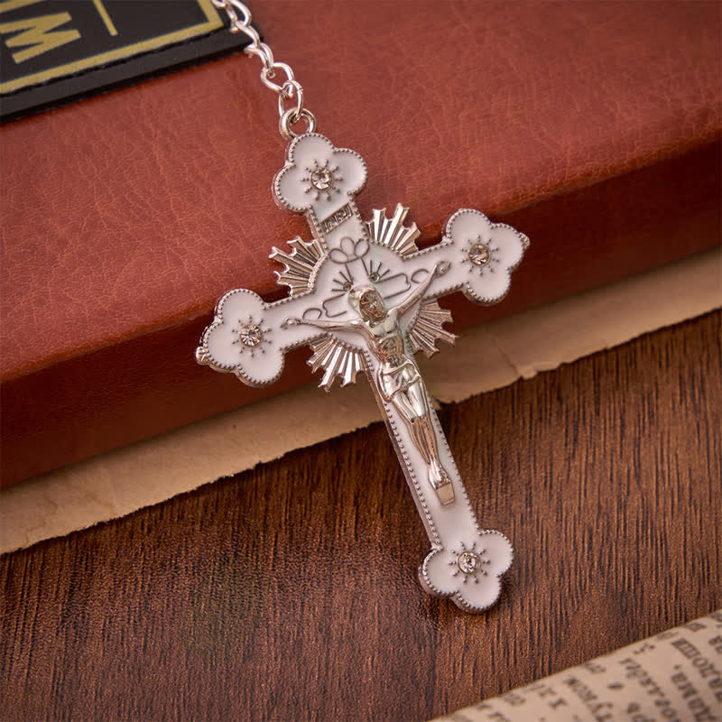 Airy Pale Blue Cat's Eye Car Rosary with St. Benedict Medal & White Enamel Crucifix