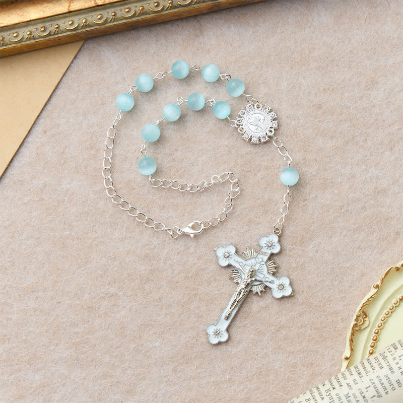 Airy Pale Blue Cat's Eye Car Rosary with St. Benedict Medal & White Enamel Crucifix
