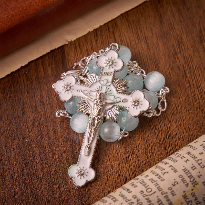 Airy Pale Blue Cat's Eye Car Rosary with St. Benedict Medal & White Enamel Crucifix