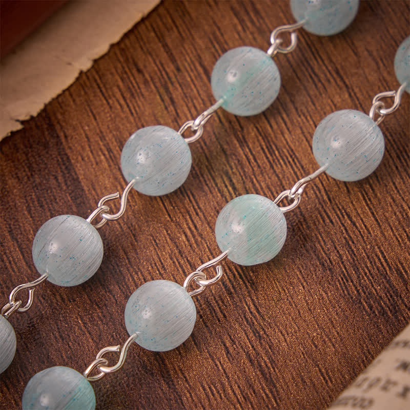 Airy Pale Blue Cat's Eye Car Rosary with St. Benedict Medal & White Enamel Crucifix
