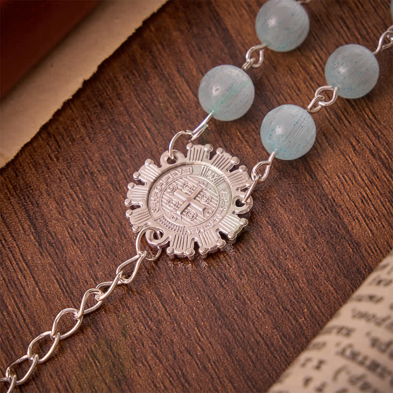 Airy Pale Blue Cat's Eye Car Rosary with St. Benedict Medal & White Enamel Crucifix