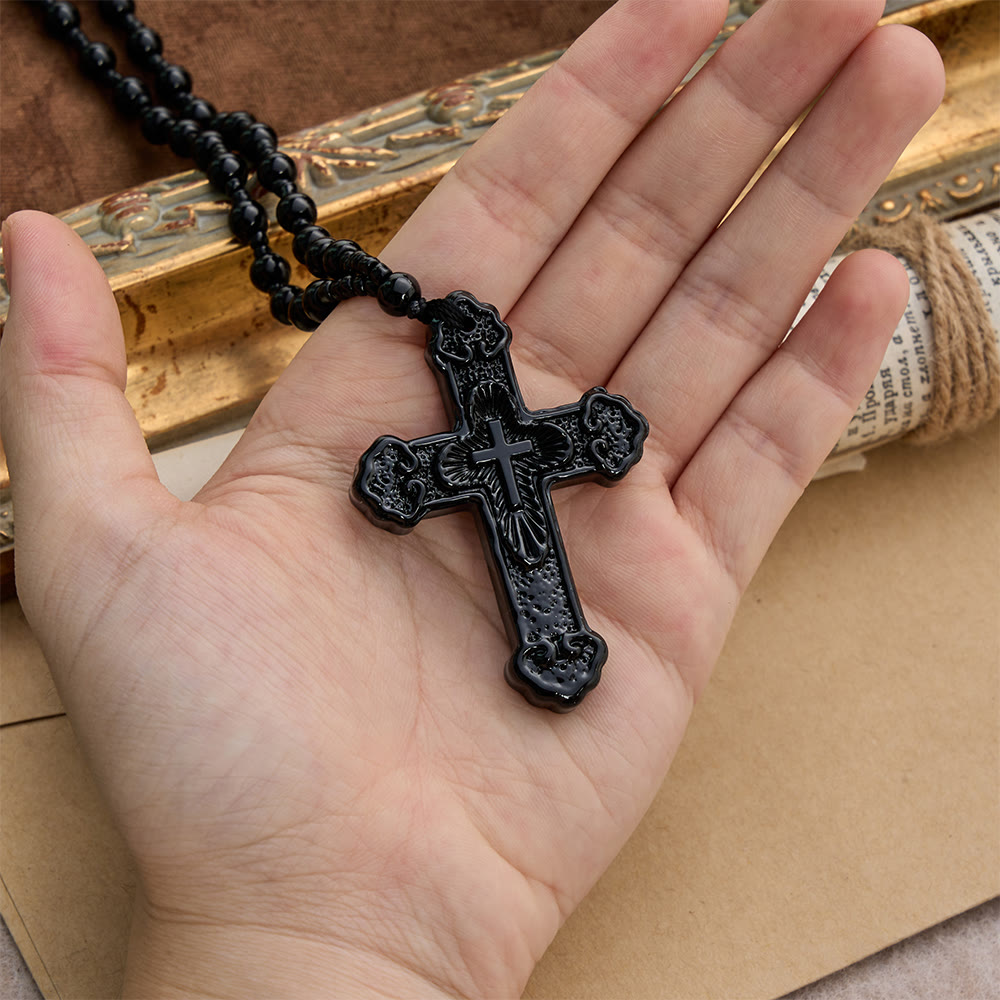 Textured Glass Cross Pendant With Beaded Strand: Emblem of Serene Divine Grace