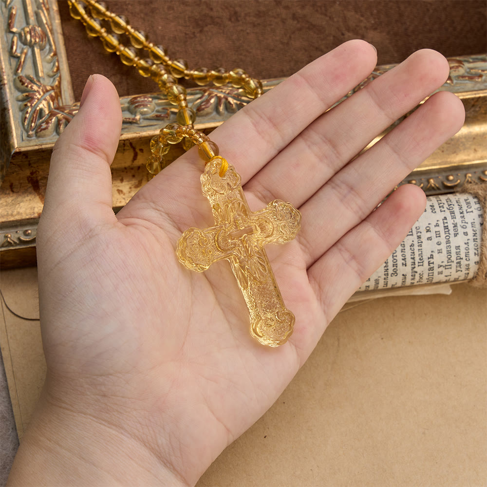 Textured Glass Cross Pendant With Beaded Strand: Emblem of Serene Divine Grace