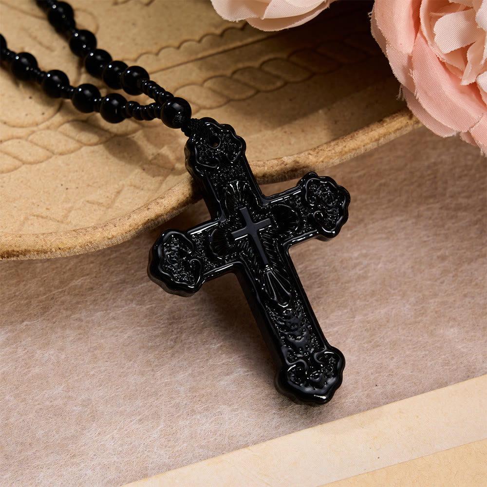 Textured Glass Cross Pendant With Beaded Strand: Emblem of Serene Divine Grace