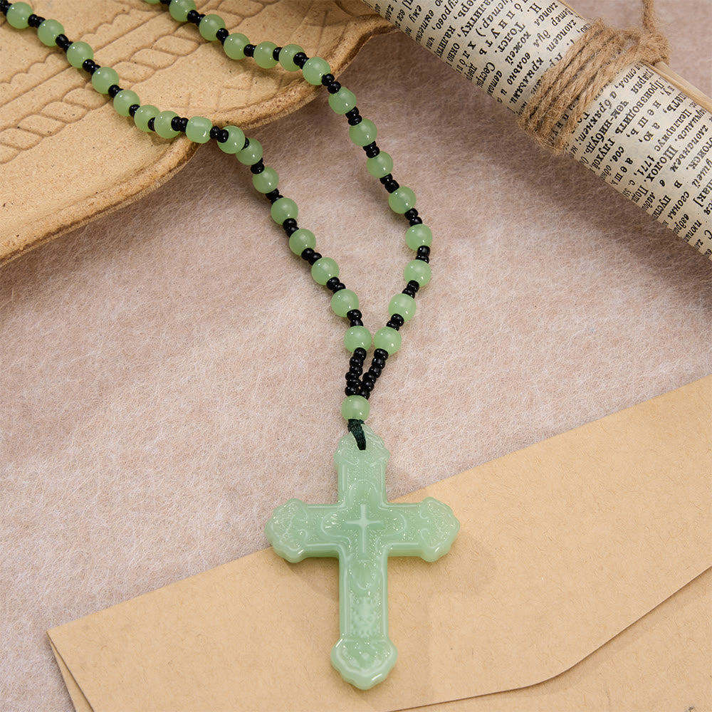 Textured Glass Cross Pendant With Beaded Strand: Emblem of Serene Divine Grace