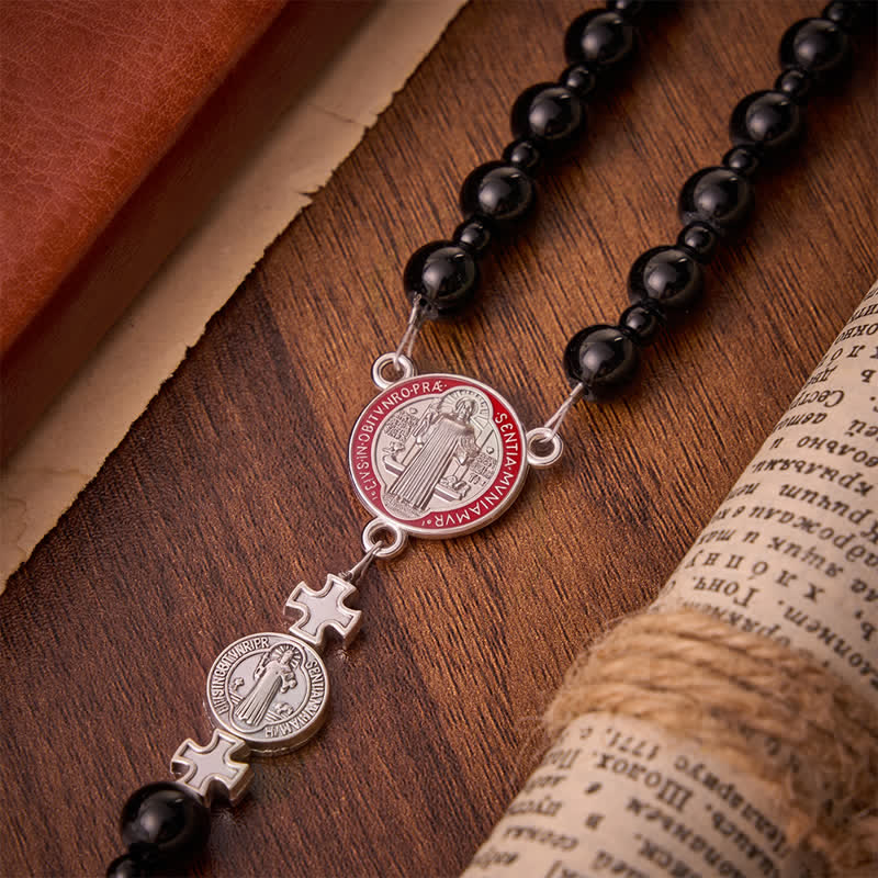 Sleek Black Acrylic Bead Rosary with St.Benedict Medals: Emblem of Steadfast Heavenly Safeguard