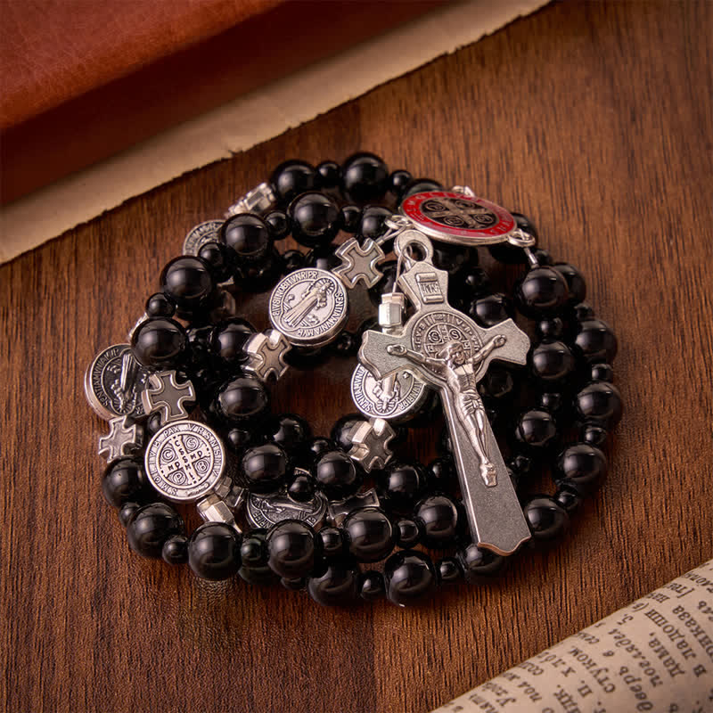 Sleek Black Acrylic Bead Rosary with St.Benedict Medals: Emblem of Steadfast Heavenly Safeguard