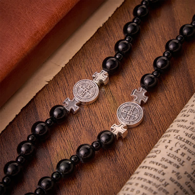 Sleek Black Acrylic Bead Rosary with St.Benedict Medals: Emblem of Steadfast Heavenly Safeguard