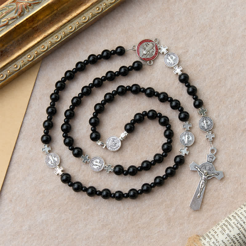 Sleek Black Acrylic Bead Rosary with St.Benedict Medals: Emblem of Steadfast Heavenly Safeguard