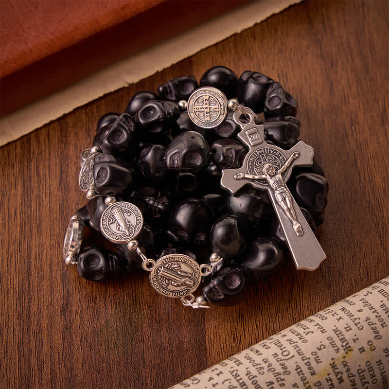 Carved Black Skull Acrylic Memento Mori Rosary with St.Benedict Medals