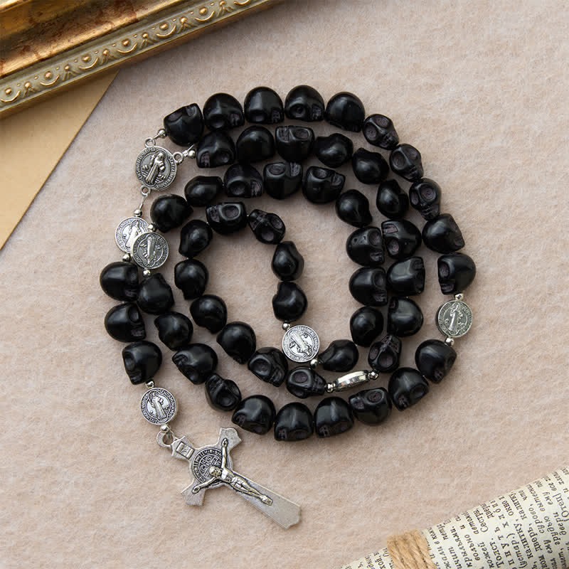 Carved Black Skull Acrylic Memento Mori Rosary with St.Benedict Medals