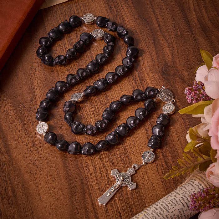 Carved Black Skull Acrylic Memento Mori Rosary with St.Benedict Medals