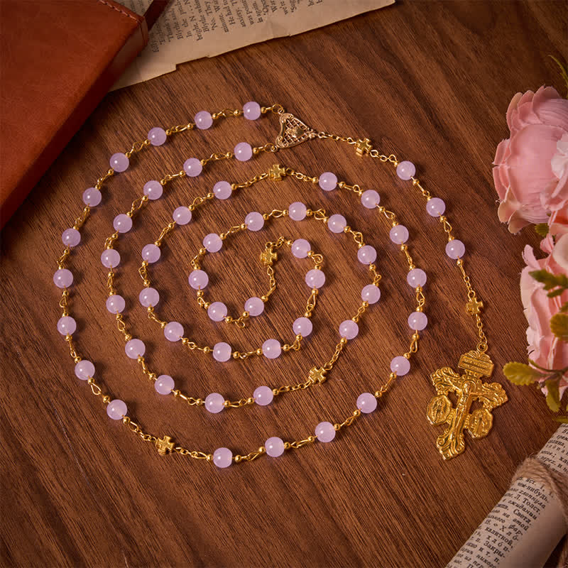 Pale Lavender Glass Bead Rosary with Sacred Heart Crucifix: Emblem of Gentle Heavenly Mercy