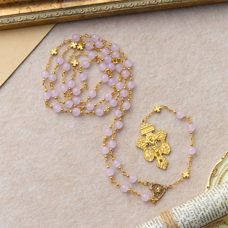 Pale Lavender Glass Bead Rosary with Sacred Heart Crucifix: Emblem of Gentle Heavenly Mercy