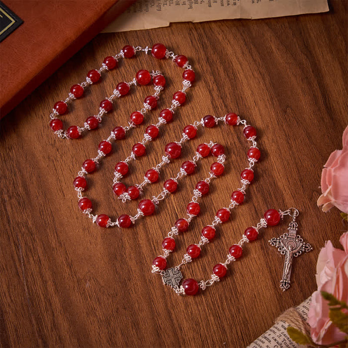 Glossy Red Glass Bead Rosary with Jerusalem Cross: Emblem of Noble Heavenly Redemption