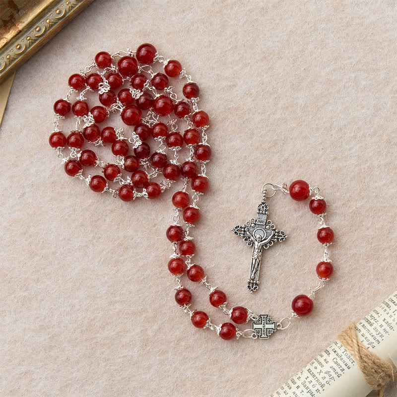 Glossy Red Glass Bead Rosary with Jerusalem Cross: Emblem of Noble Heavenly Redemption
