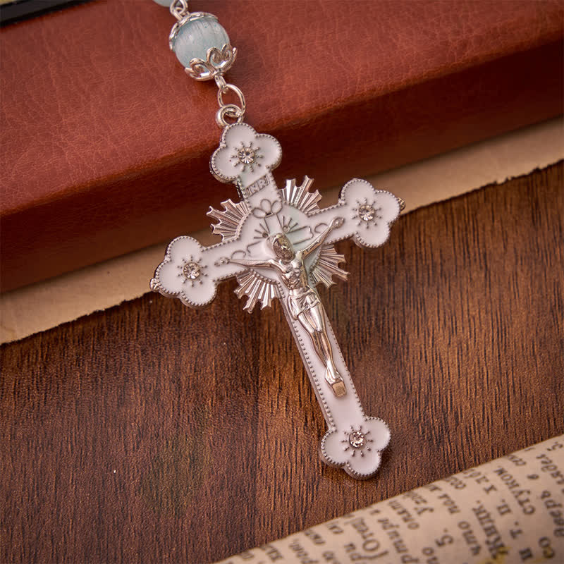 Pale Sky Cat's Eye Bead Rosary & St. Benedict Cross: Emblem of Quiet Sacred Guidance