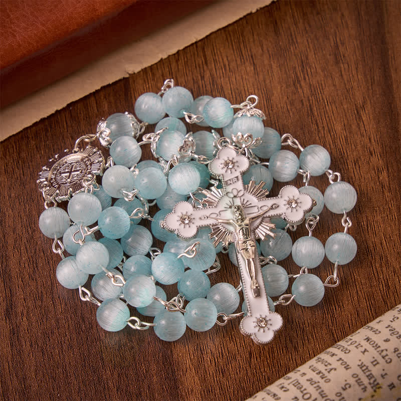 Pale Sky Cat's Eye Bead Rosary & St. Benedict Cross: Emblem of Quiet Sacred Guidance