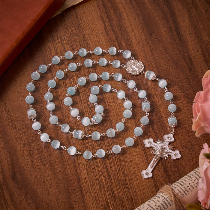Pale Sky Cat's Eye Bead Rosary & St. Benedict Cross: Emblem of Quiet Sacred Guidance