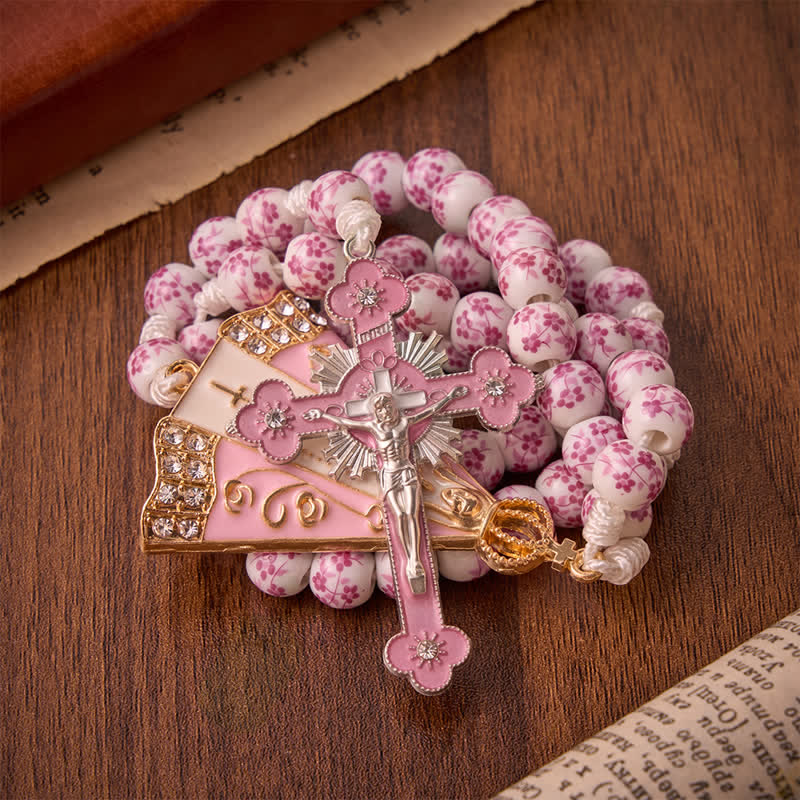 Pink Floral Porcelain Bead Rosary with Our Lady of Aparecida Medallion