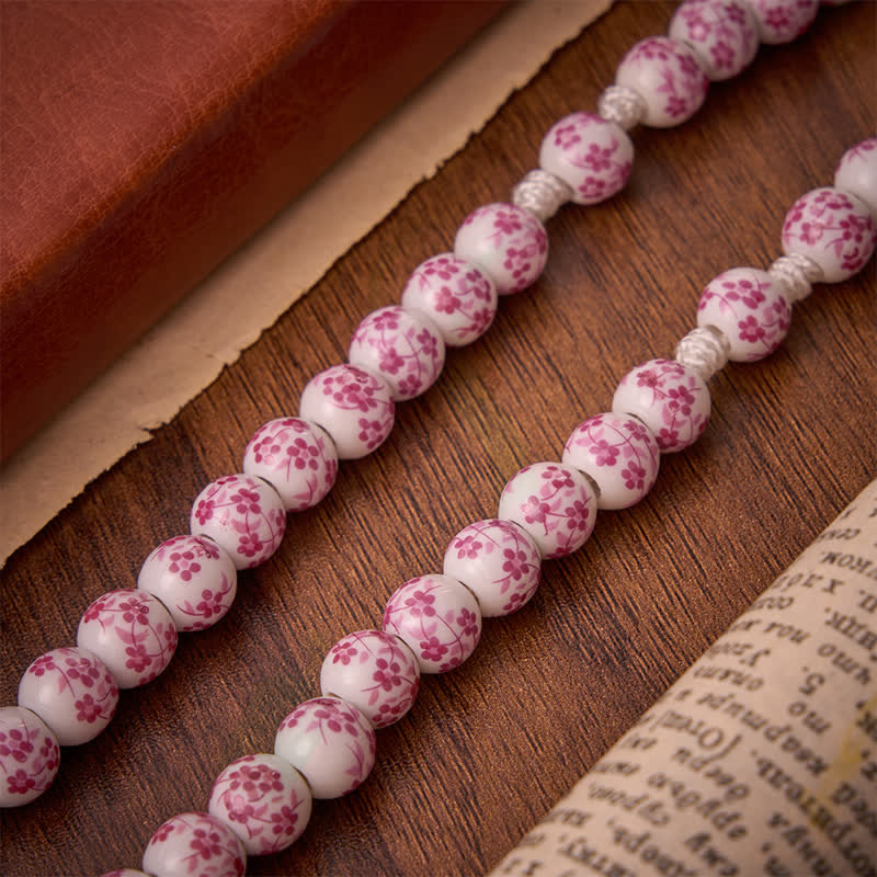 Pink Floral Porcelain Bead Rosary with Our Lady of Aparecida Medallion