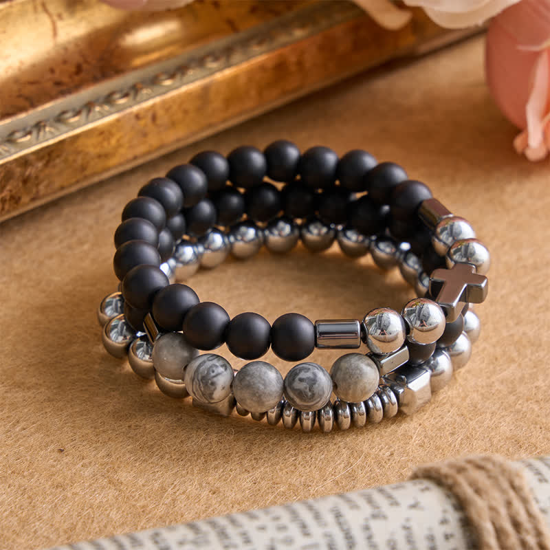Layered Stone & Copper Cross Bracelet: Symbol of Gentle Divine Guardianship