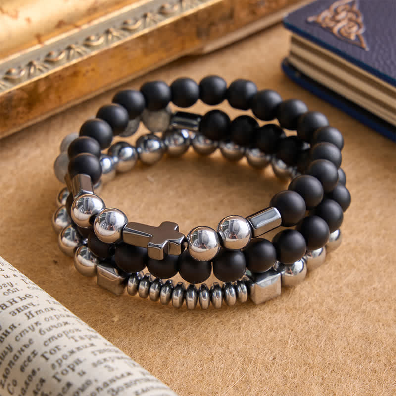 Layered Stone & Copper Cross Bracelet: Symbol of Gentle Divine Guardianship