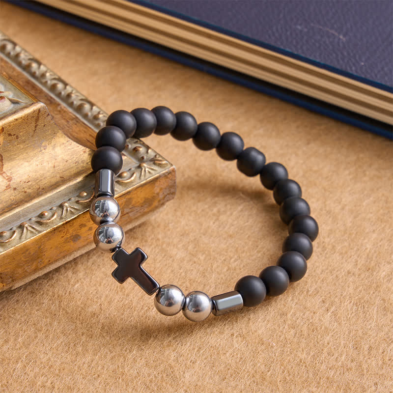 Layered Stone & Copper Cross Bracelet: Symbol of Gentle Divine Guardianship