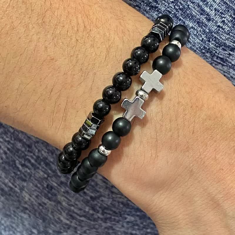 Layered Stone & Copper Cross Bracelet: Symbol of Gentle Divine Guardianship