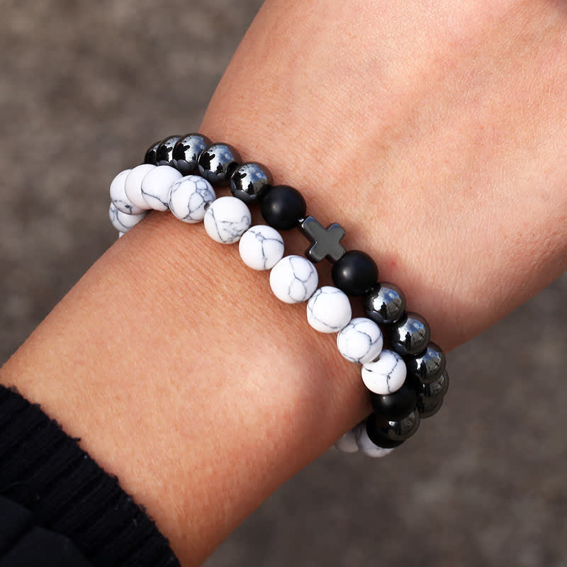 Layered Stone & Copper Cross Bracelet: Symbol of Gentle Divine Guardianship