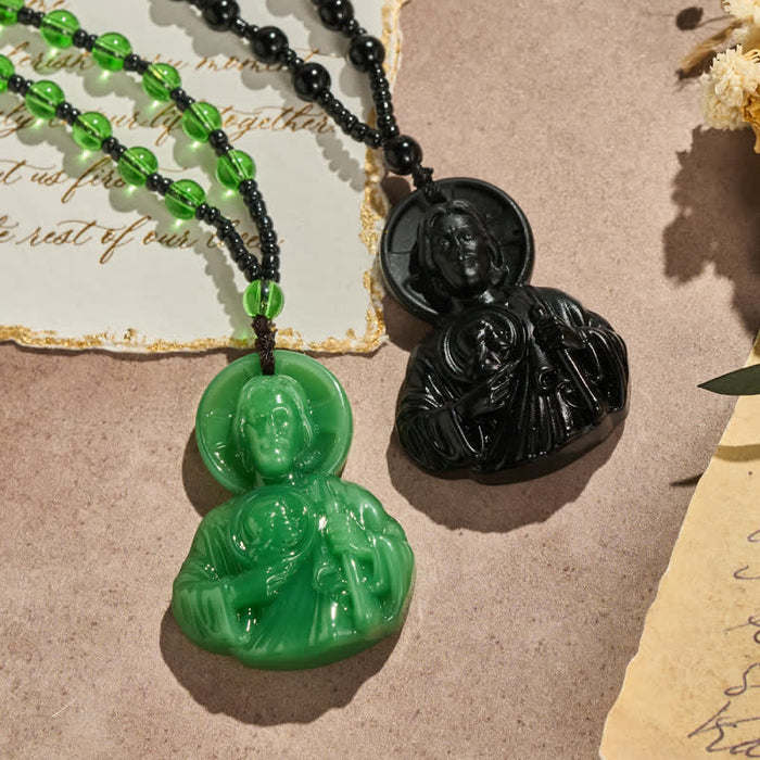 Sculpted Glass Jesus Portrait Beaded Necklace: Symbol of Quiet Sacred Blessing