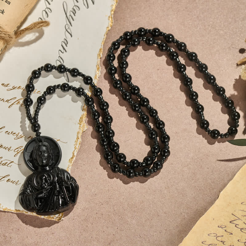 Sculpted Glass Jesus Portrait Beaded Necklace: Symbol of Quiet Sacred Blessing
