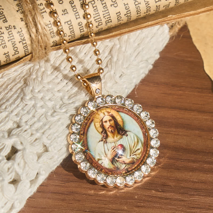 Round Sacred Heart Jesus Alloy Necklace: Symbol of Quiet Sacred Blessing
