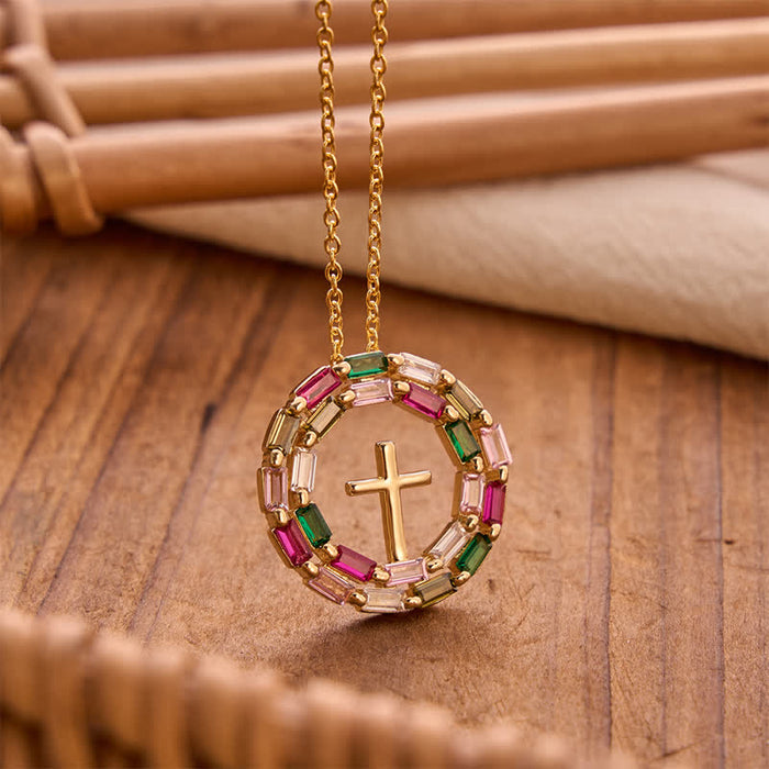 Gem Wreath Cross Copper Necklace: Emblem of Timeless Heavenly Grace