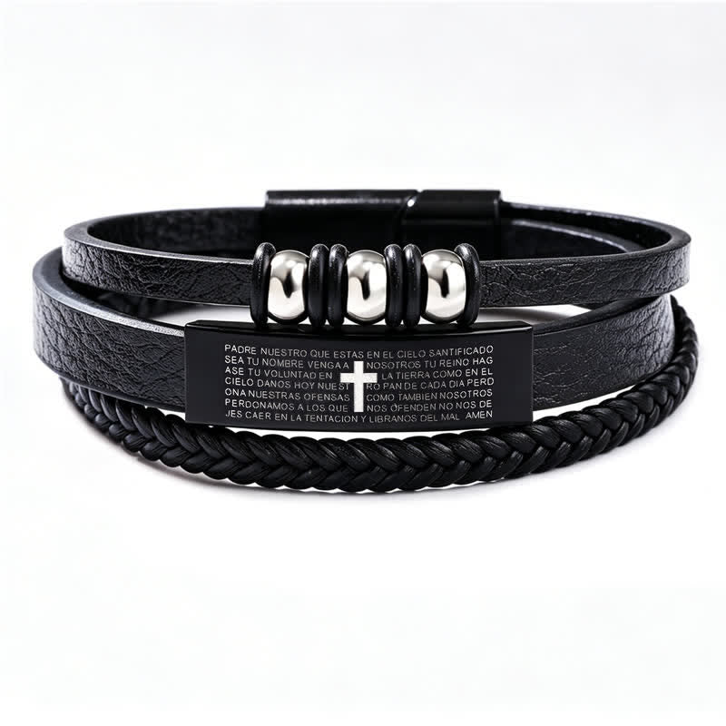 Scripture Engraved Cross PU Leather Stack Bracelet: Token of Gentle Divine Comfort