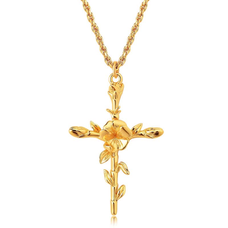 Polished Zinc Alloy Birth Flower Cross Necklace: Icon of Warm Heavenly Blessing