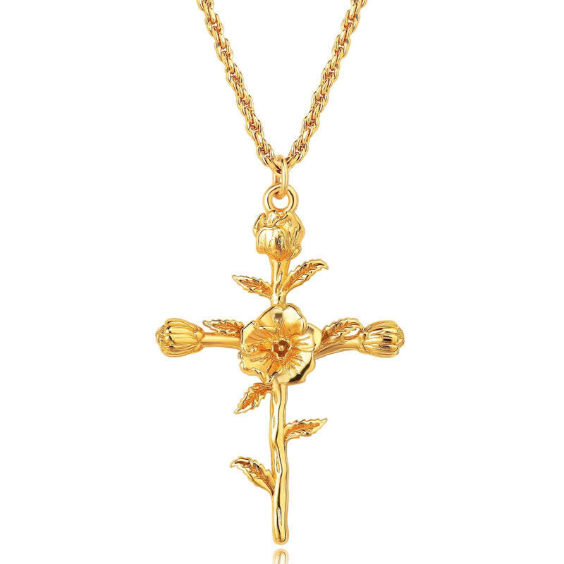 Polished Zinc Alloy Birth Flower Cross Necklace: Icon of Warm Heavenly Blessing