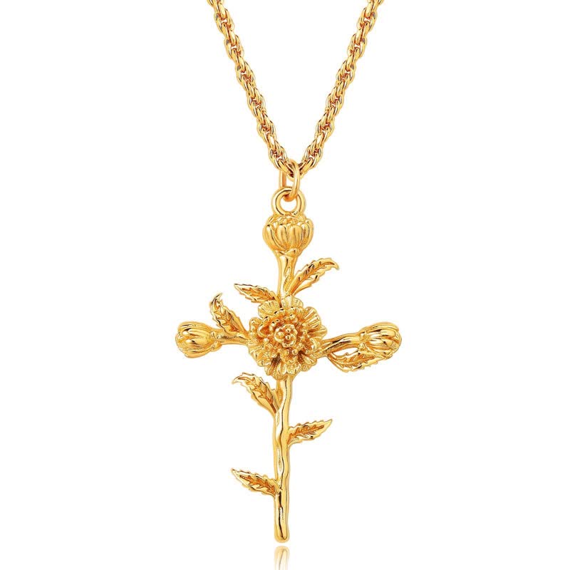 Polished Zinc Alloy Birth Flower Cross Necklace: Icon of Warm Heavenly Blessing