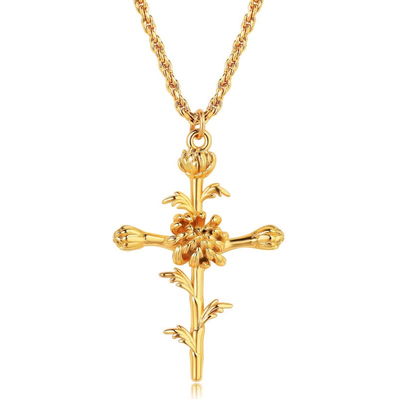 Polished Zinc Alloy Birth Flower Cross Necklace: Icon of Warm Heavenly Blessing