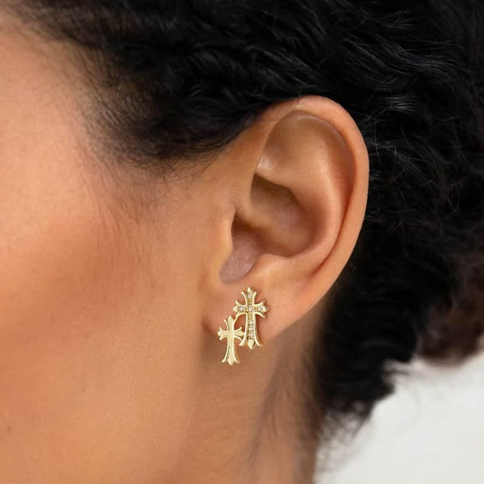 Polished Copper Double Cross Stud Earrings: Icon of Warm Heavenly Blessing
