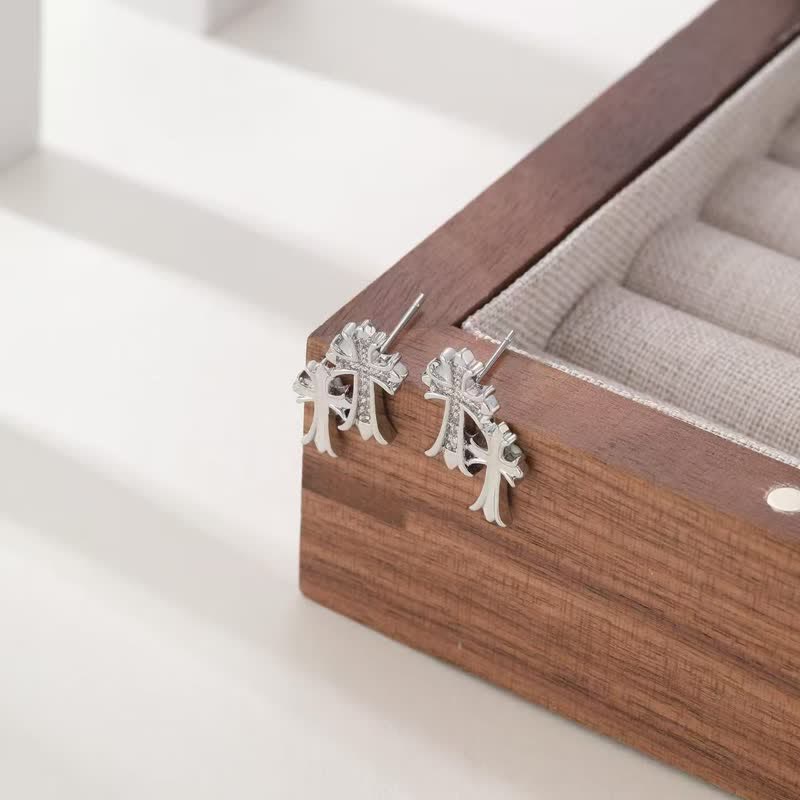 Polished Copper Double Cross Stud Earrings: Icon of Warm Heavenly Blessing