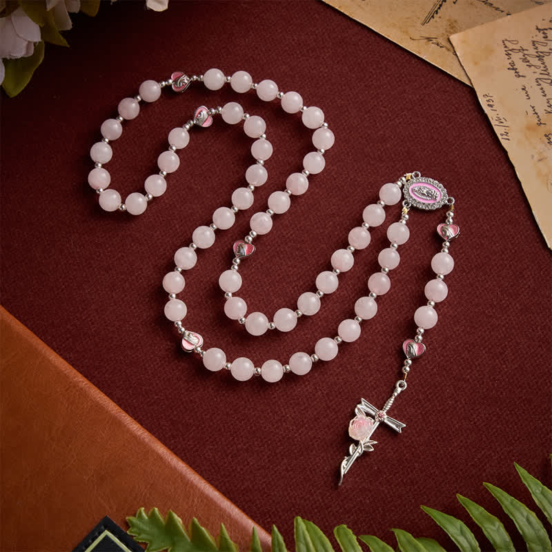 Blush Rose Quartz Rosary With Our Lady Medallion & Rose Cross: Token of Tender Divine Love