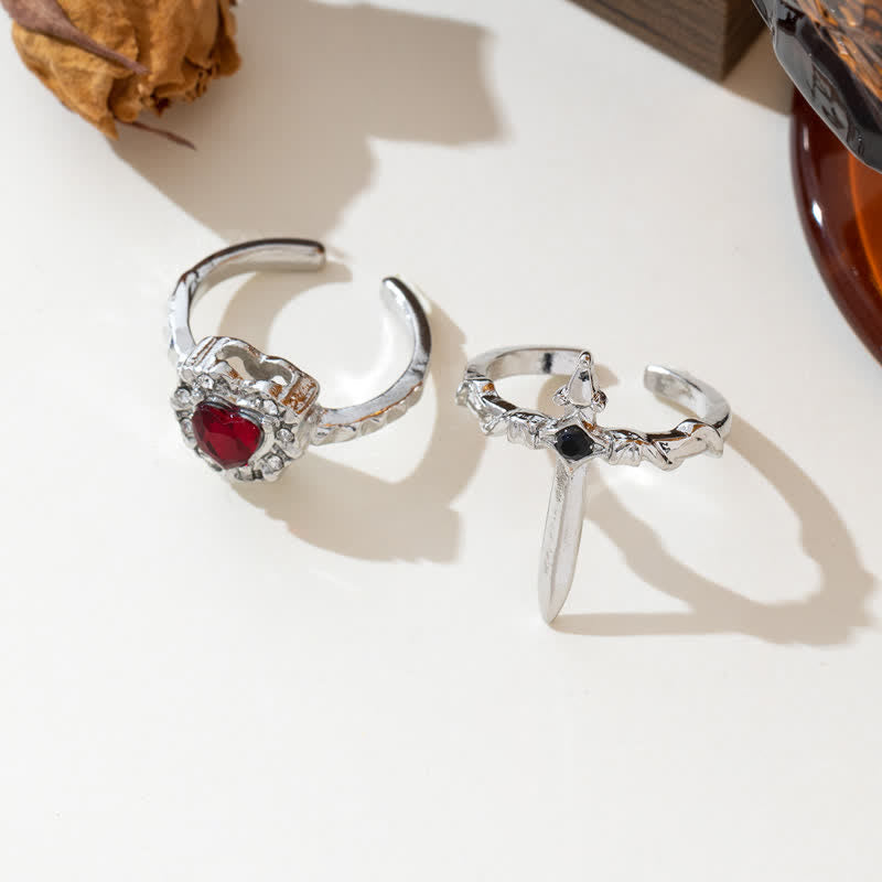 Heart Crystal & Sword Cross Split Band Ring: Token of Gentle Divine Tenderness