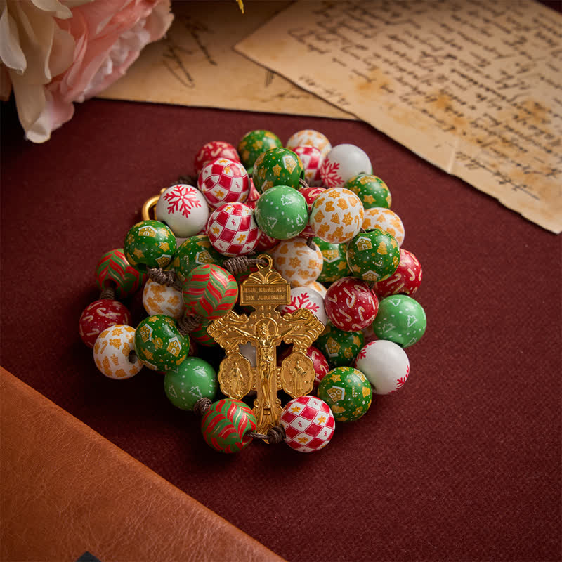 Festive Christmas Wooden Bead Rosary With Holy Spirit Medal & Golden Crucifix