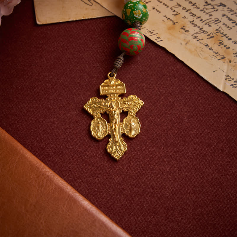 Festive Christmas Wooden Bead Rosary With Holy Spirit Medal & Golden Crucifix