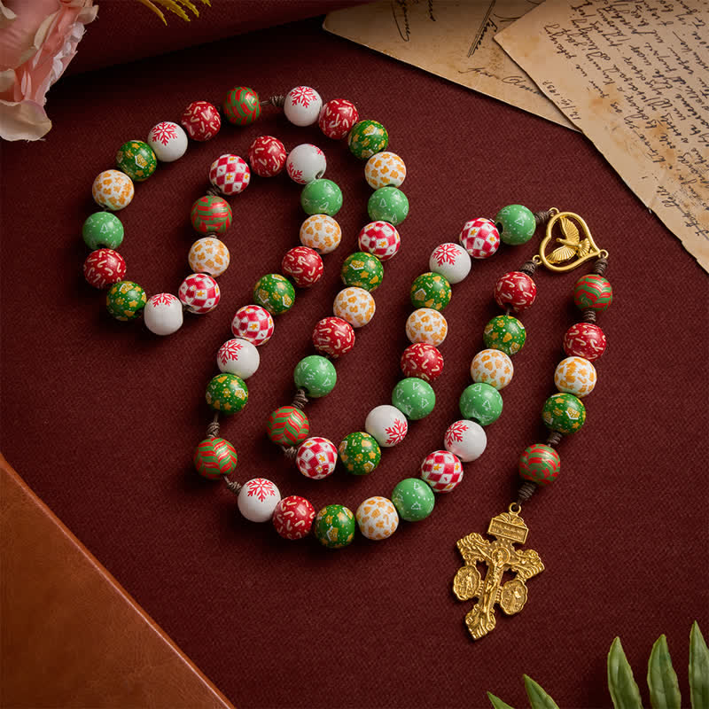 Festive Christmas Wooden Bead Rosary With Holy Spirit Medal & Golden Crucifix