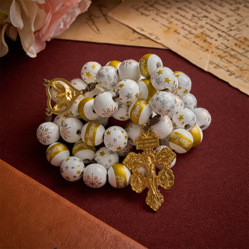 White & Golden Snowflake & Star Wooden Bead Rosary with Holy Spirit Heart Medal & Golden Crucifix