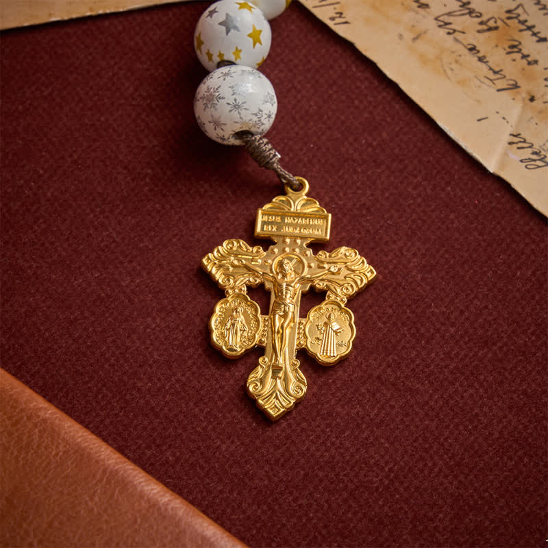 White & Golden Snowflake & Star Wooden Bead Rosary with Holy Spirit Heart Medal & Golden Crucifix