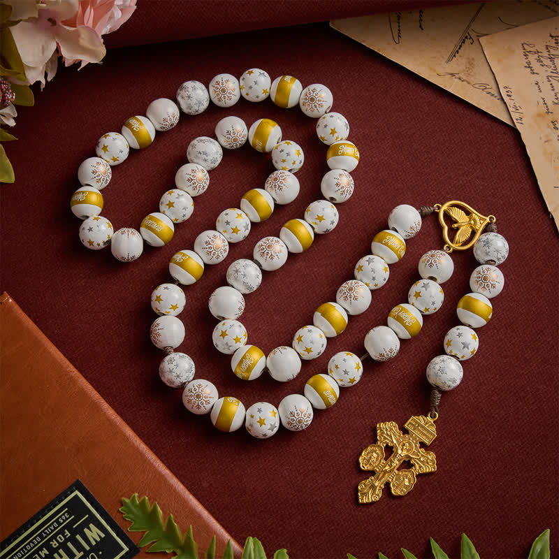 White & Golden Snowflake & Star Wooden Bead Rosary with Holy Spirit Heart Medal & Golden Crucifix