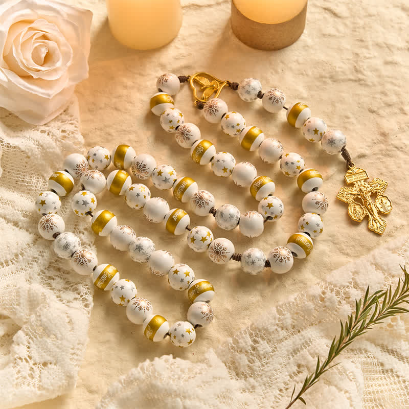 White & Golden Snowflake & Star Wooden Bead Rosary with Holy Spirit Heart Medal & Golden Crucifix